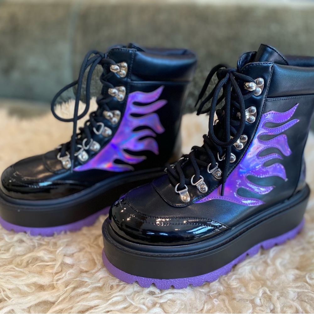 Koi Black and Purple Flame Moto Boots
